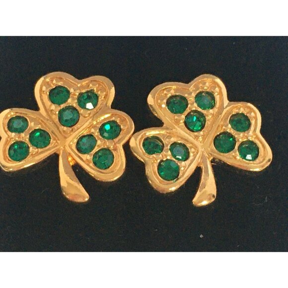 Avon St Patricks Day Earrings Set Shamrocks Green Gold Tone Good Luck Jewelry - Picture 2 of 6